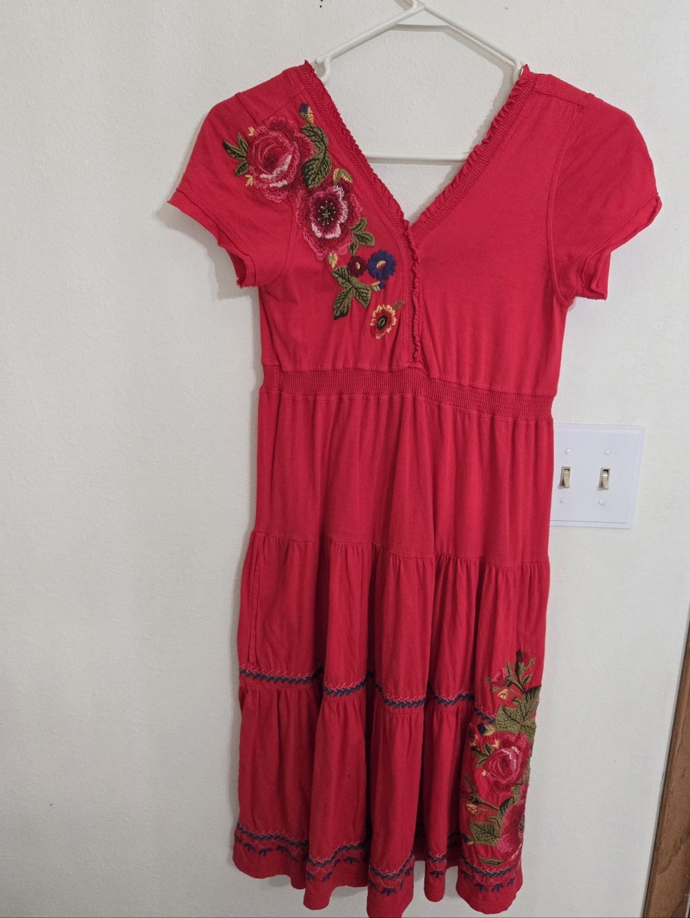 JOHNNY WAS Red Floral-Embroidered Midi Dress